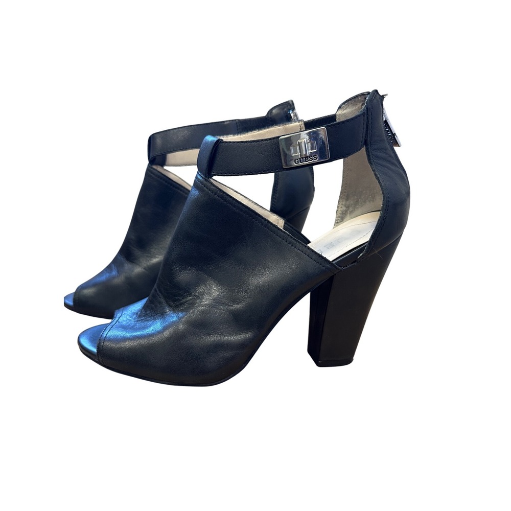 Guess Black Leather Open Toe‎ Ankle Booties Size 8M Block Heel Cutout Strap Zip